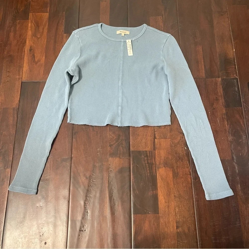 Madewell Waffle Knit Crewneck Crop Tee Long Sleeve Women’s Medium Blue NEW